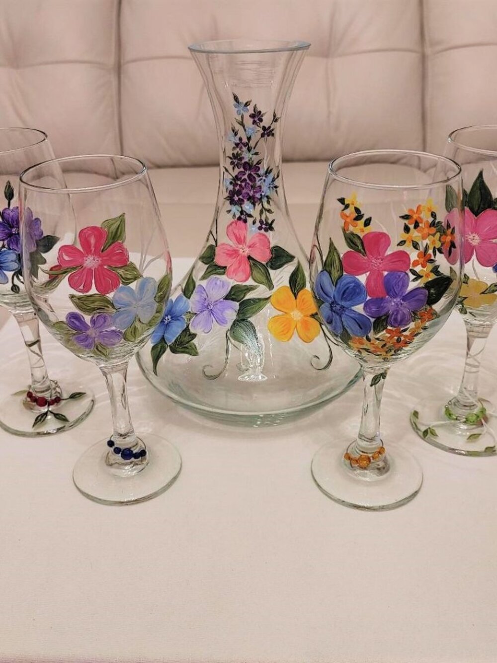 Blown Glass Hand Painted Florals 5 Pc. Wine Set 64 0z. Decanter 4-12 0z. Glasses